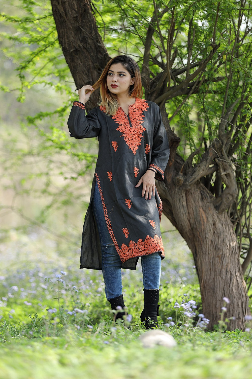 Pitch Black Colour Rayon Silk Kurti With Beautiful Aari