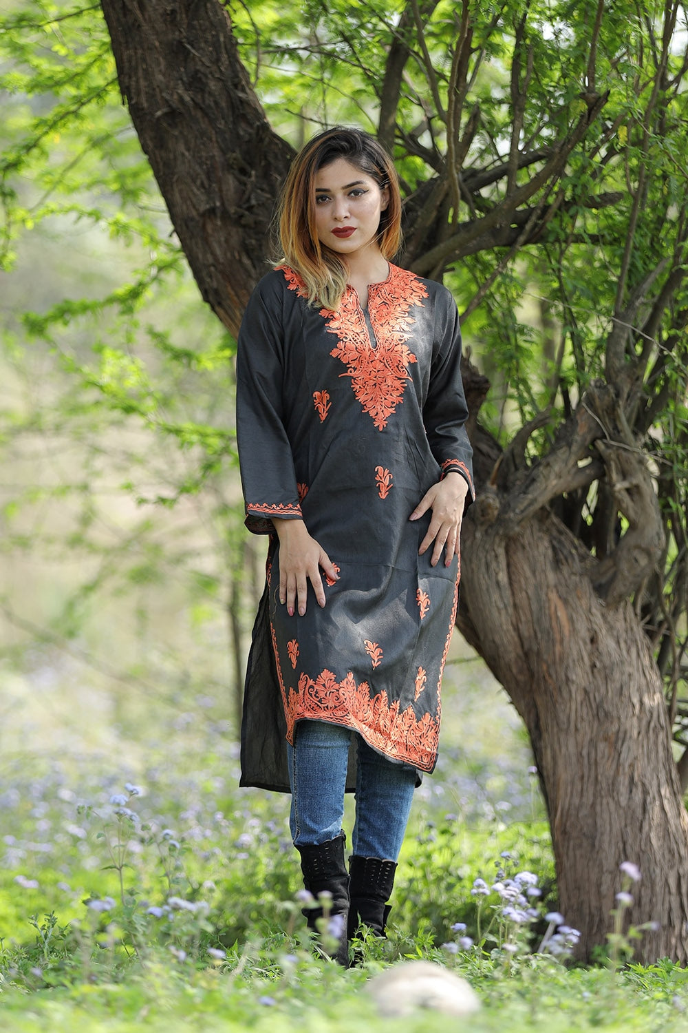 Pitch Black Colour Rayon Silk Kurti With Beautiful Aari