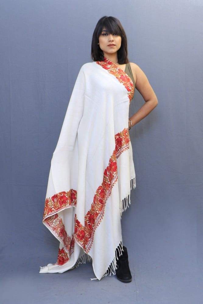 Pure White Color Stole With Kashmiri Four Sided Border Add