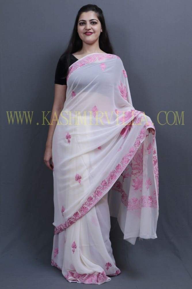 Pure White Colour Kashida Work Saree With Wonderful