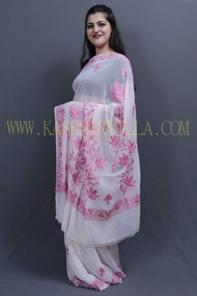 Pure White Colour Kashida Work Saree With Wonderful
