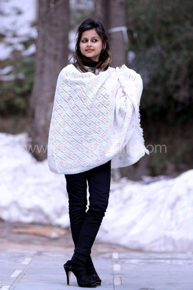 Pure White Coloured Knitting Stole Enriched With Stylish