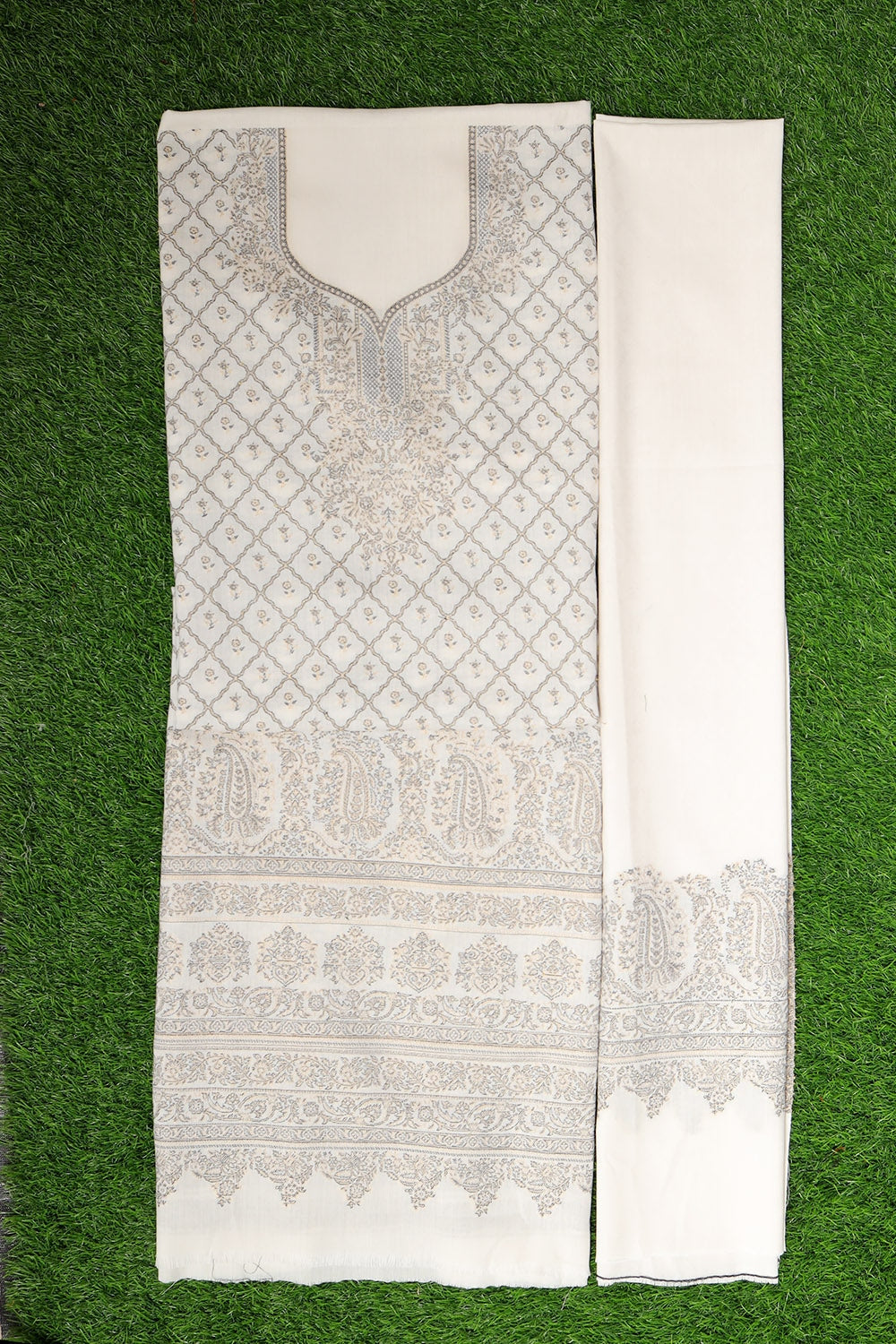 Pure White Cotton Kani Stole Suit With Self Woven Embroidery