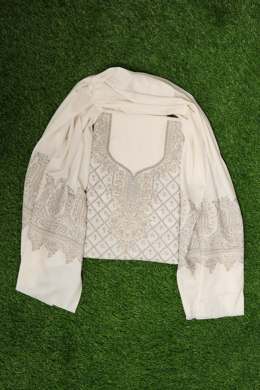 Pure White Cotton Kani Stole Suit With Self Woven Embroidery