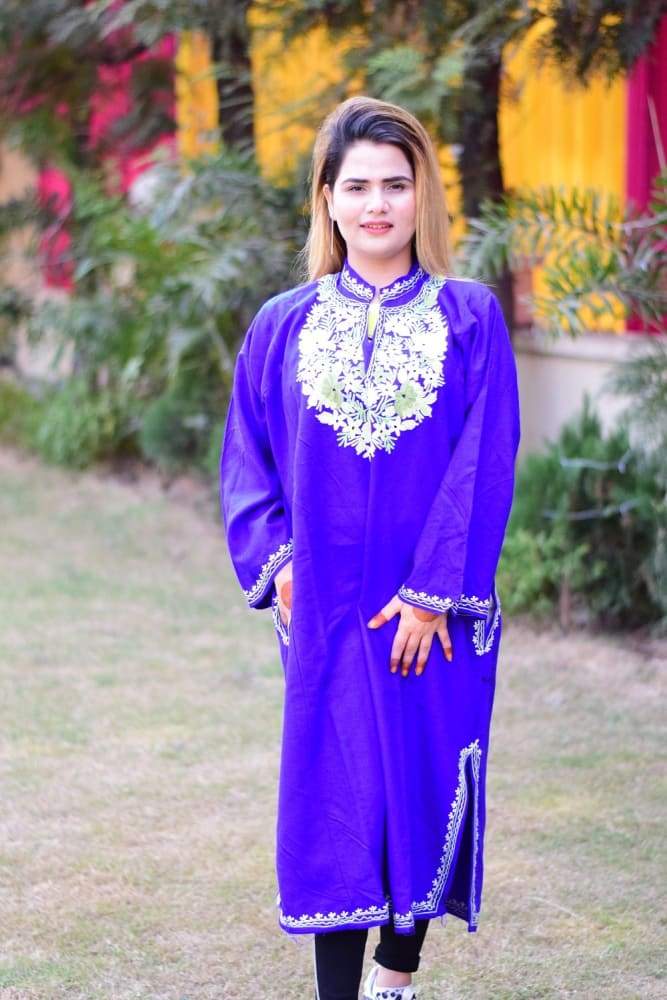 Purple Blue Colour Kashmiri Aari Work Embroidered Phiran