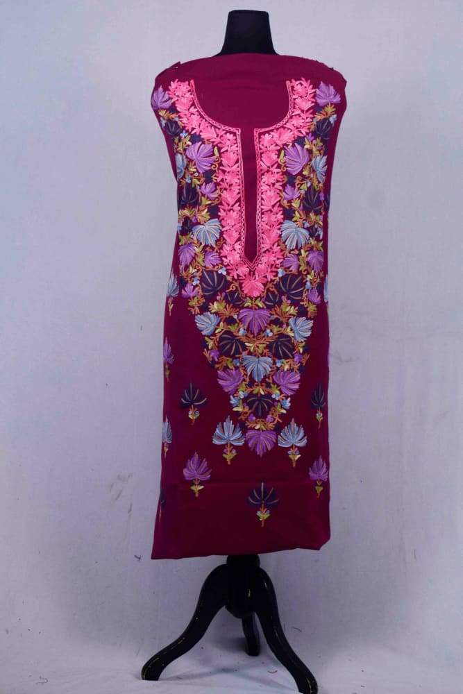 Purple Color Kashmiri Aari Work Unstitched Suit Piece