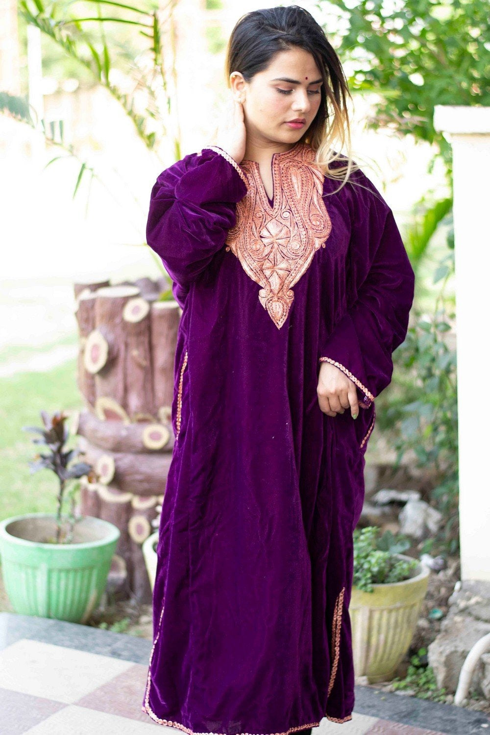 Purple Color Kashmiri Tilla Work Embroidered Velvet Phiran