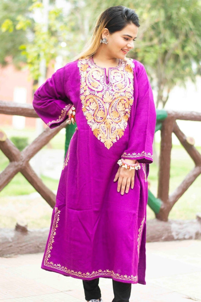 Purple Colour Kashmiri Work Embroidered Phiran Enriched