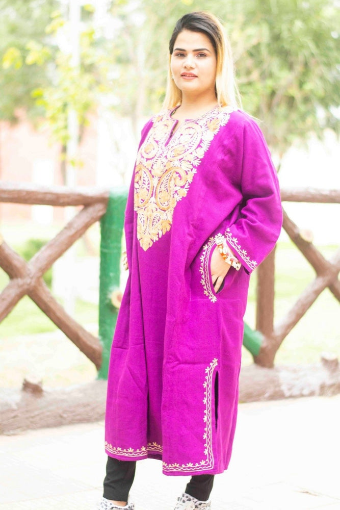 Purple Colour Kashmiri Work Embroidered Phiran Enriched