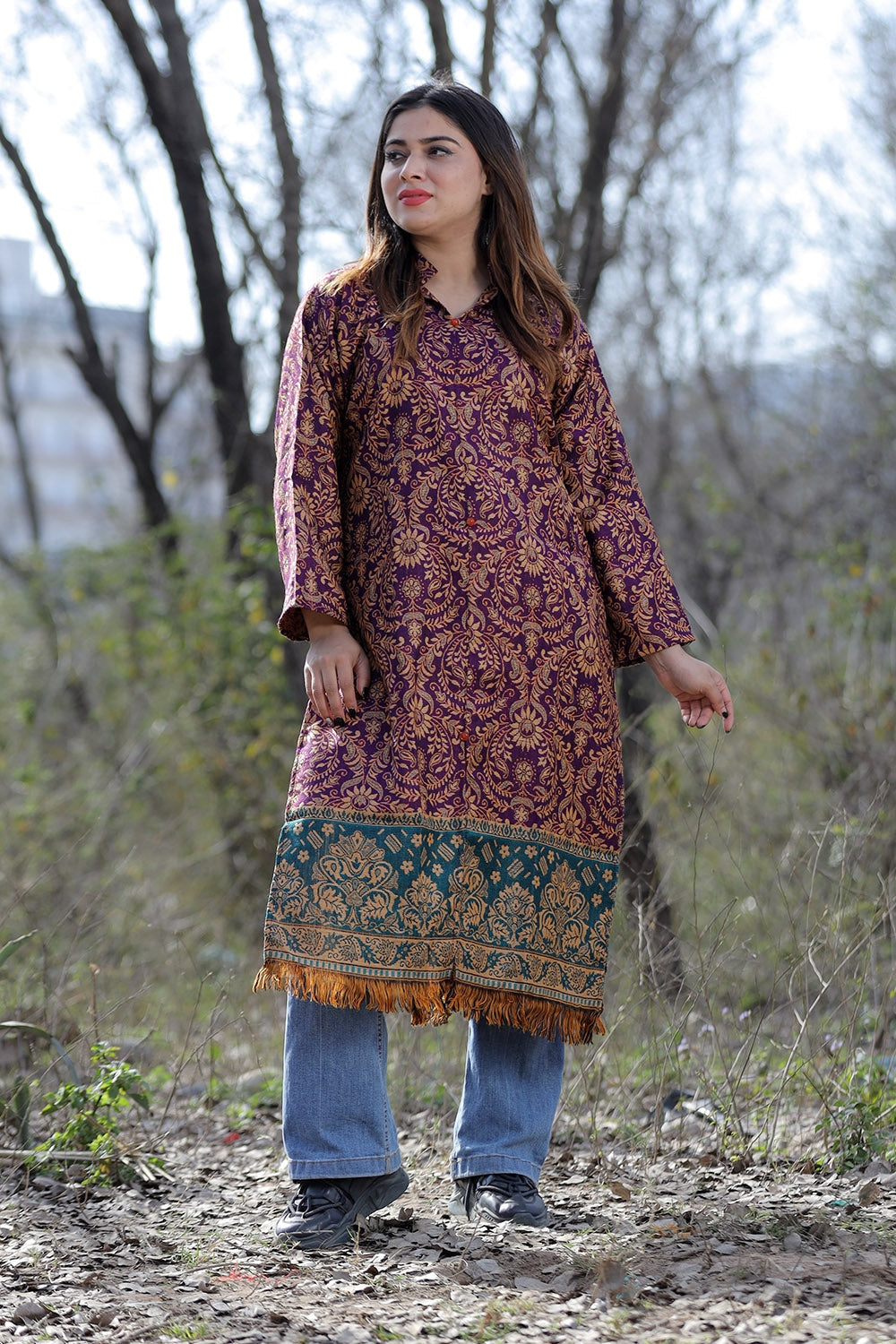 Purple Color Kashmiri Woven Sherwani With Paisleys Pattern