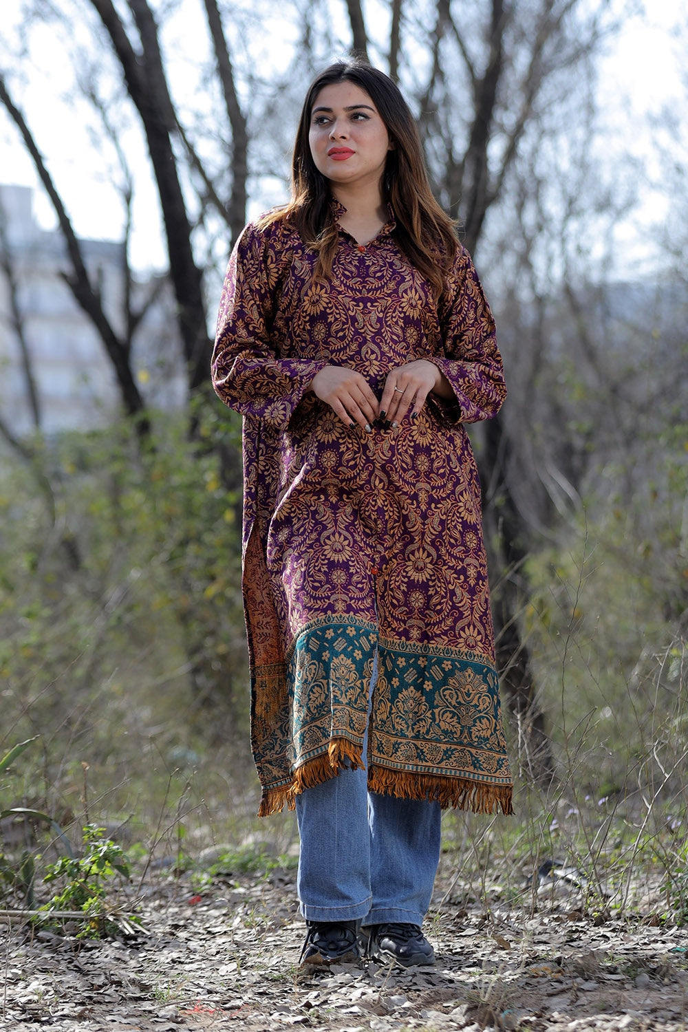 Purple Color Kashmiri Woven Sherwani With Paisleys Pattern