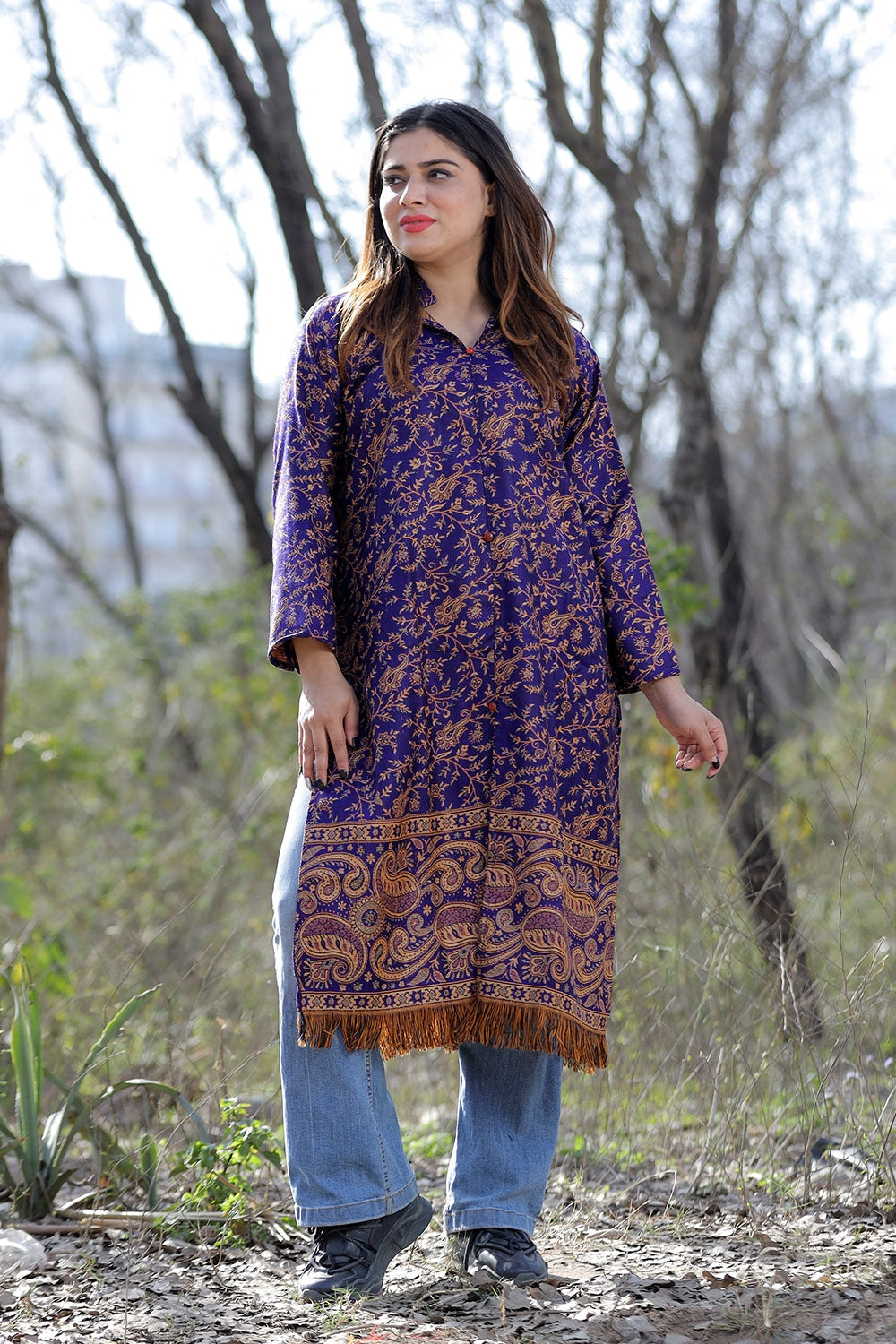 Purple Color Kashmiri Woven Sherwani With Paisleys Pattern