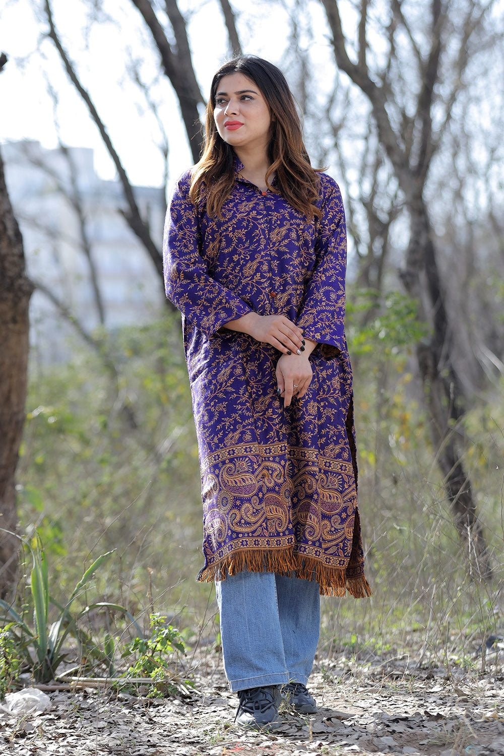 purple colour kashmiri woven sherwani designer paisleys pattern woolen kurtis 946