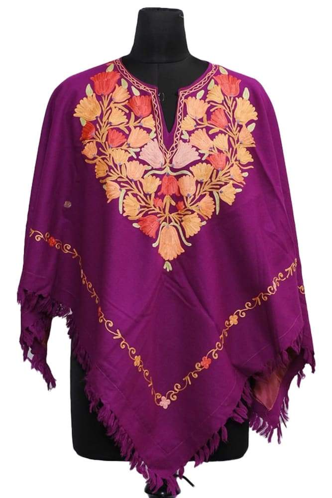 Purple Colour Ponchu With Elegant Kashmiri Embroidery.