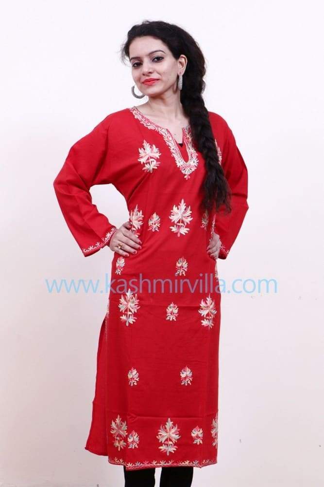 Ravishing Red Colour Cotton Kurti With Kashmiri Motifs