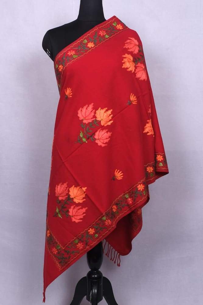 Ravishing Red Colour Elegant Pashmina Stole Of Aari Work