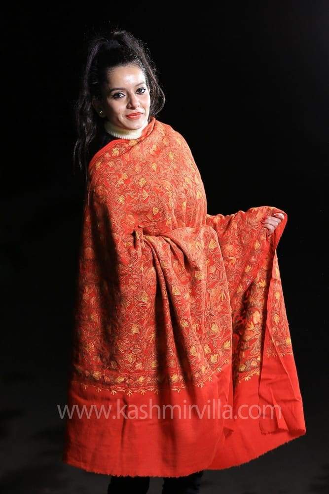 Ravishing Red Colour Kashida Work Shawl With Heavy Jall