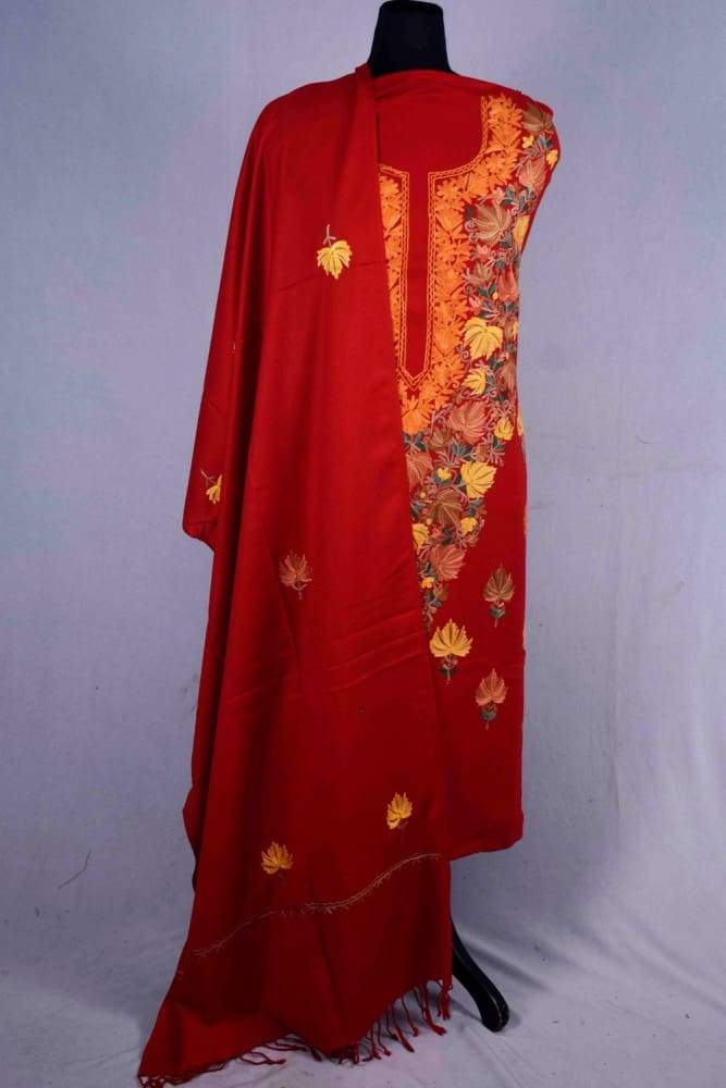 Red Color Kashmiri Aari Work Unstitched Suit Piece