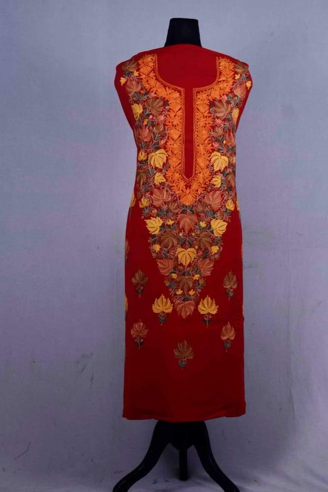 Red Color Kashmiri Aari Work Unstitched Suit Piece