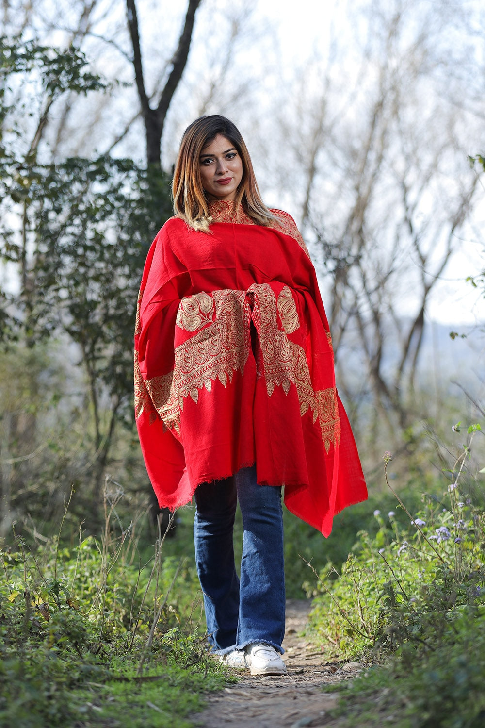 Red Color Kashmiri Shawl With Tilla Work Gives A Trendy