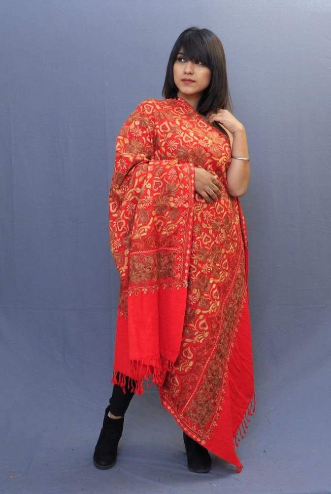 Red Color Shawl Having Beautiful Border And Attractive Jaal