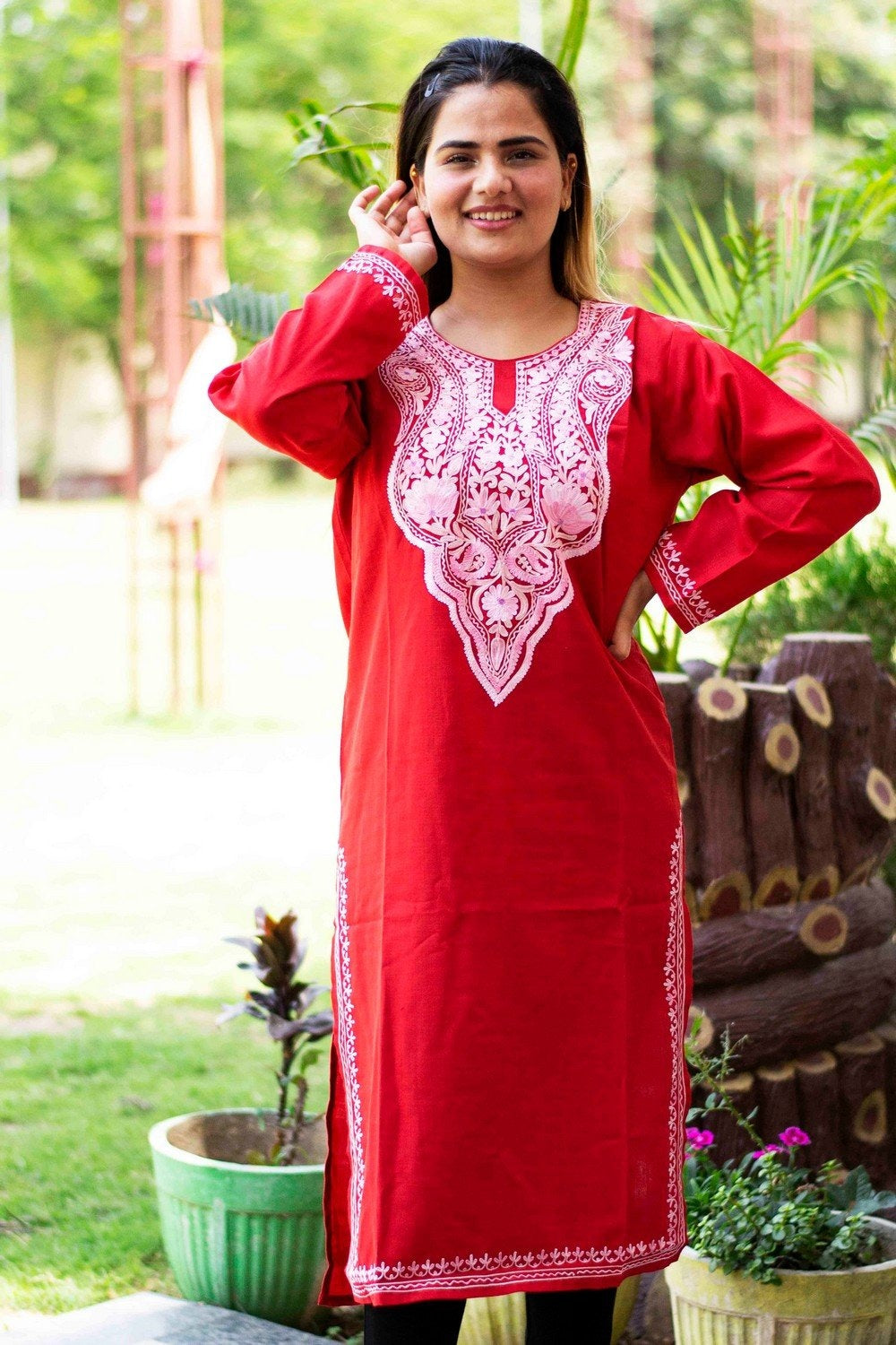 Red Colour Cotton Kurti With Beautiful Aari Embroidery Gives