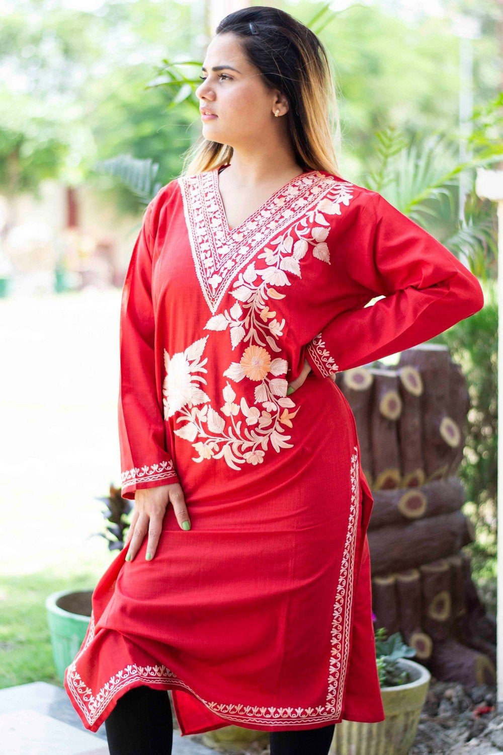 Red Colour Cotton Kurti With Beautiful Aari Embroidery Gives