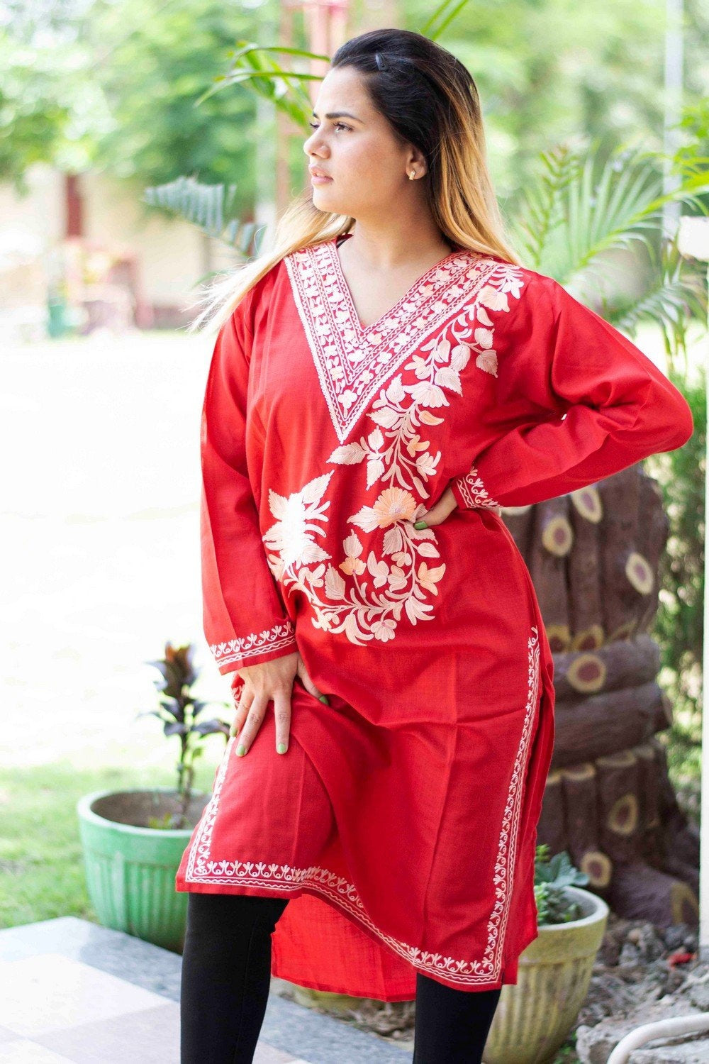 Red Colour Cotton Kurti With Beautiful Aari Embroidery Gives