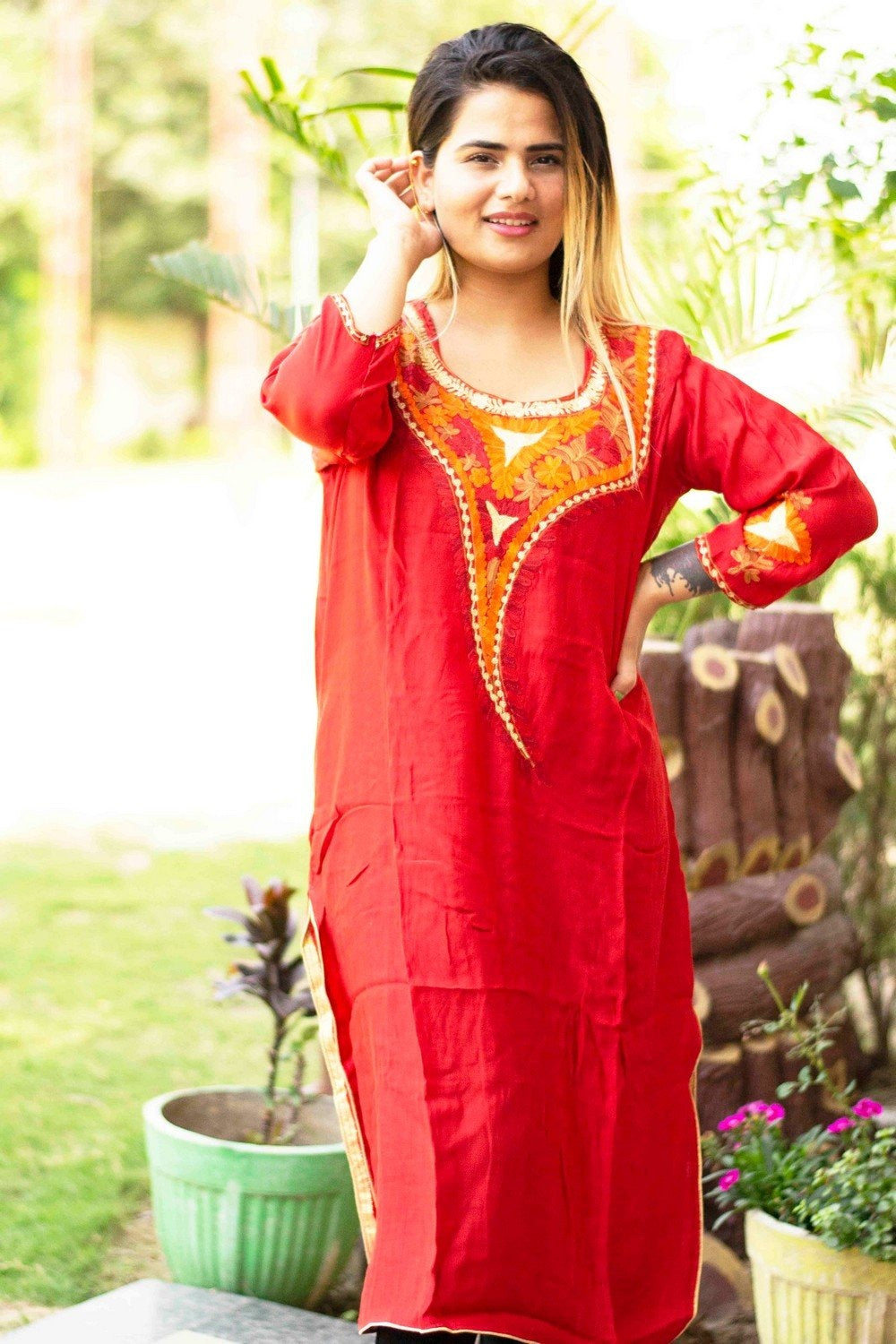 Red Colour Cotton Kurti With Beautiful Aari Embroidery Gives