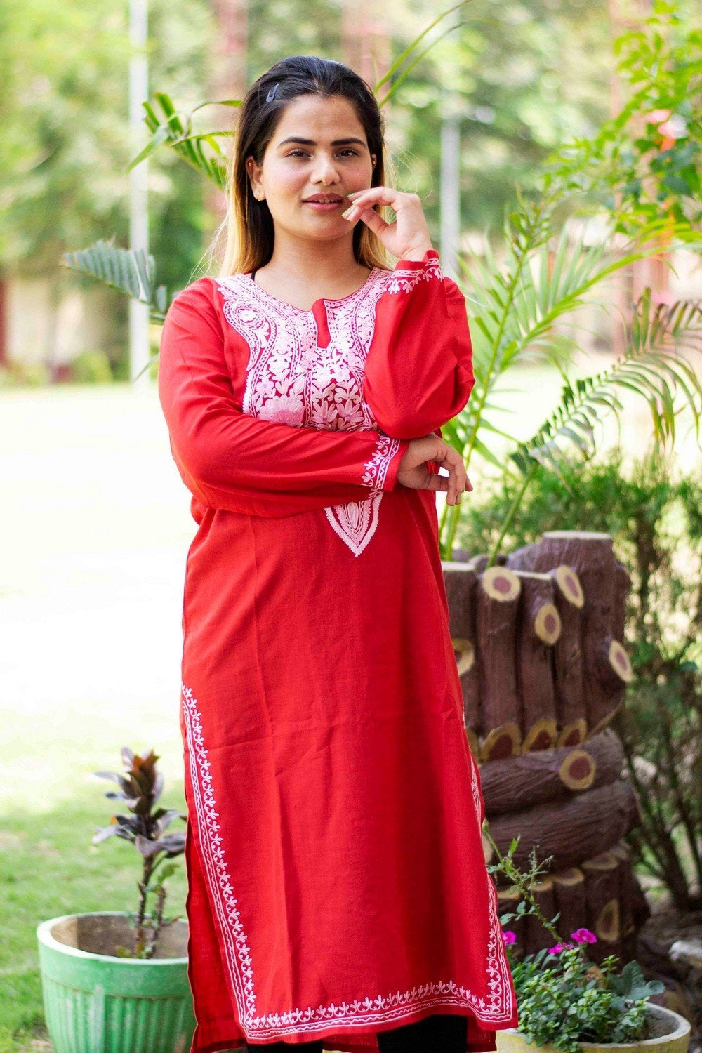Red Colour Cotton Kurti With Beautiful Aari Embroidery Gives