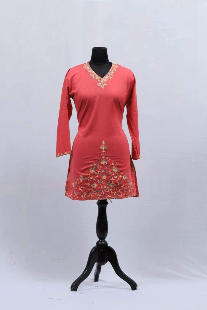 Pink Colour Cotton Kurti With Fine Woven Kashmiri Embroidery
