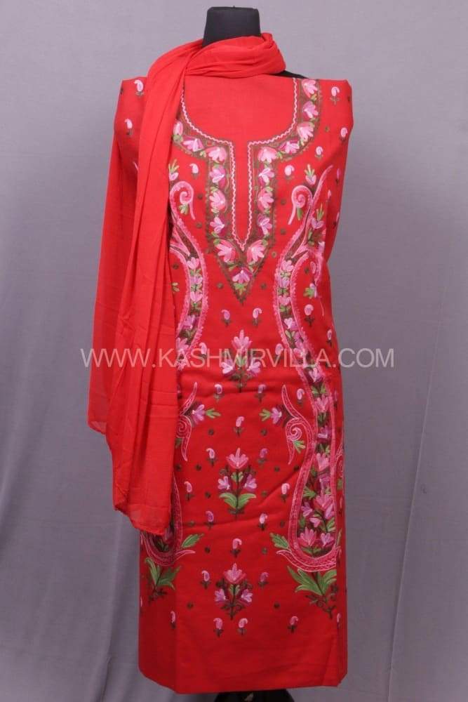 Red Colour Cotton Suit With Attractive Two Sided Bail