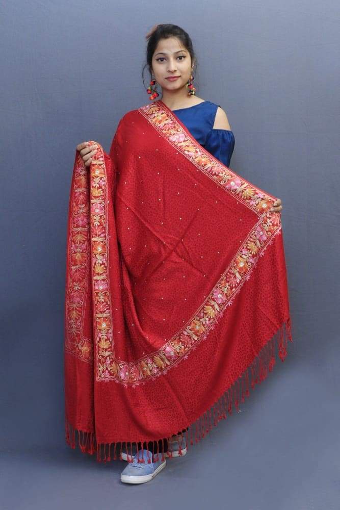Red Colour Delicate Wrap With Four Sided Border And Allover
