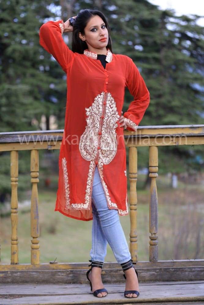 Red Colour Georgette Kashmiri Work Designer Tunics
