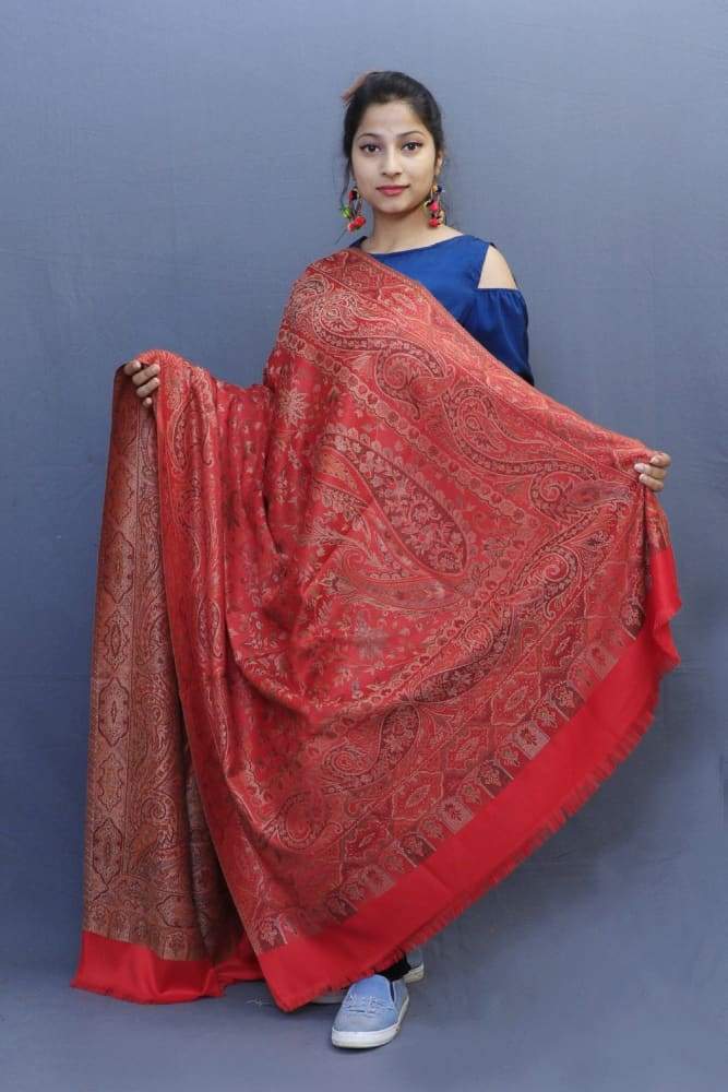 Red Colour Jamawar Shawl With Highly Defined Borders