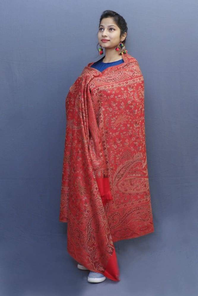 Red Colour Jamawar Shawl With Highly Defined Borders And All