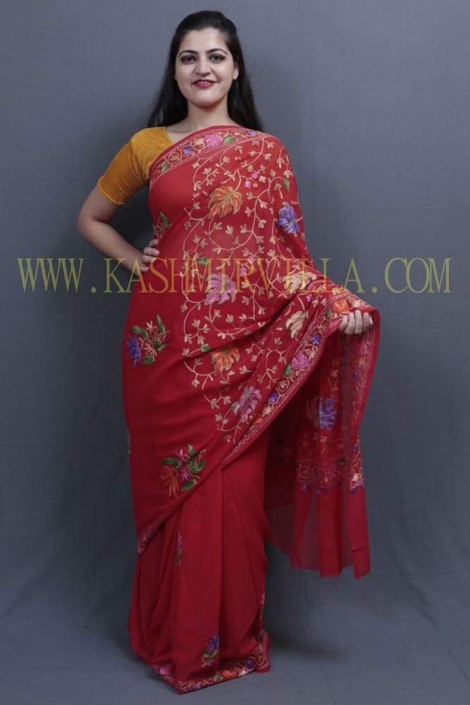 Red Colour Kashida Work Saree With Wonderful Designing