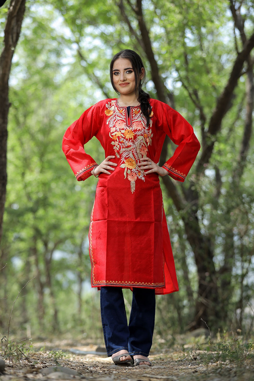 Red Colour Rayon Silk Kurti With Beautiful Aari Embroidery