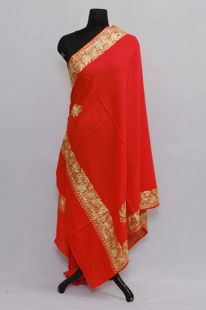 Red Colour Semi Pashmina Shawl Enriched With Ethnic Golden