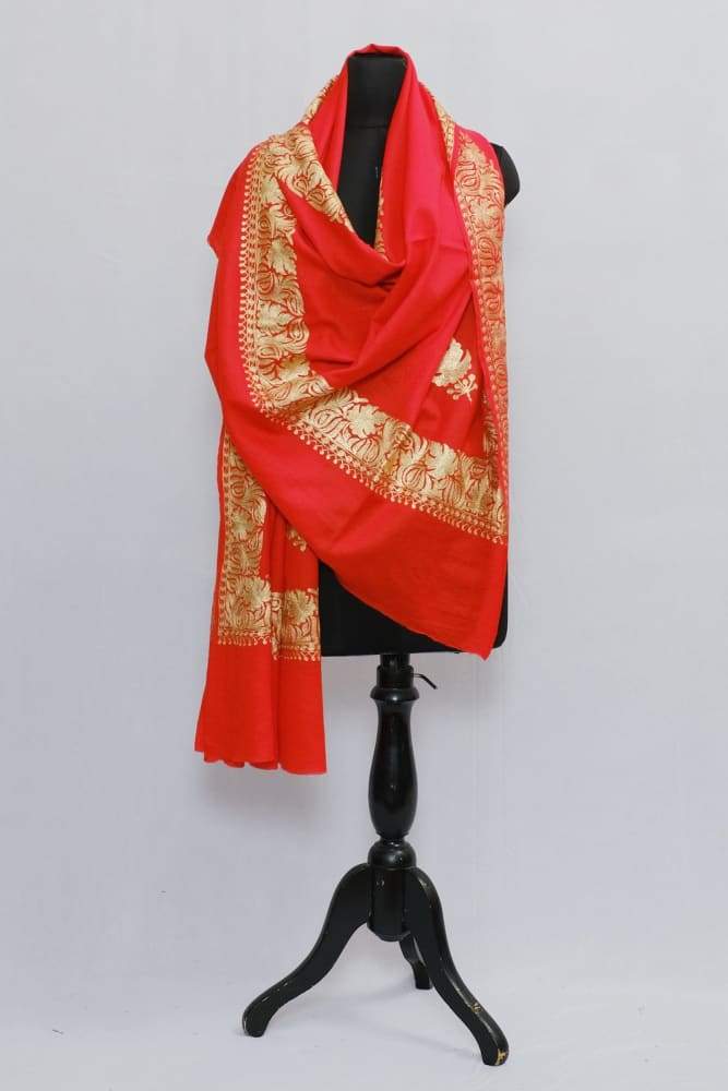 Red Colour Semi Pashmina Shawl Enriched With Ethnic Golden