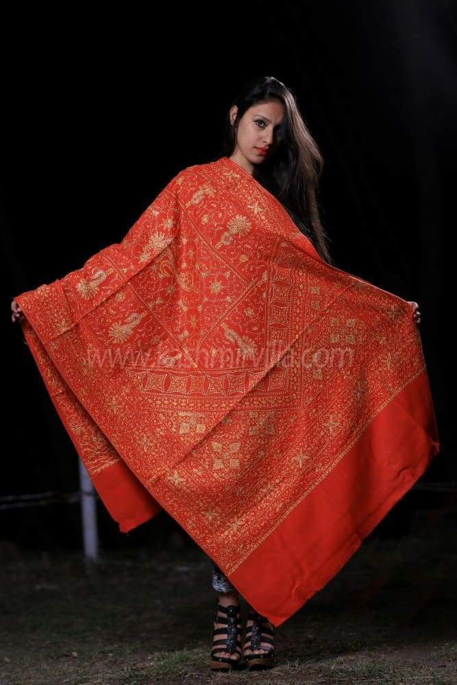 Red Colour SemiPashmina Shawl With Heavy Jaal Is Treated As