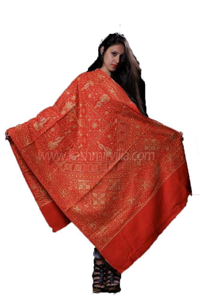Red Colour SemiPashmina Shawl With Heavy Jaal Is Treated