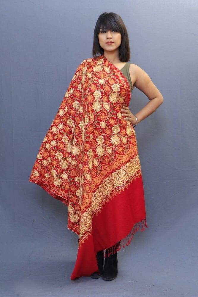 Red Colour Shawl With Wonderful Aari Jaal Gives A Trendy