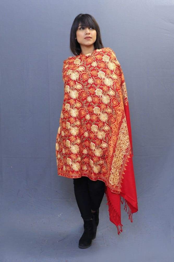 Red Colour Shawl With Wonderful Aari Jaal Gives A Trendy