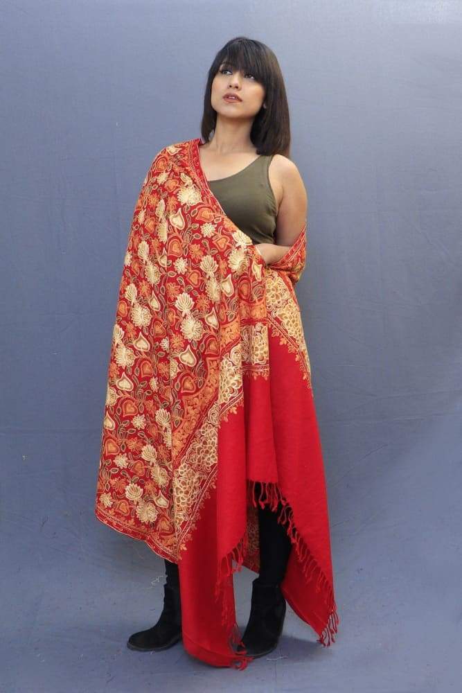 Red Colour Shawl With Wonderful Aari Jaal Gives A Trendy
