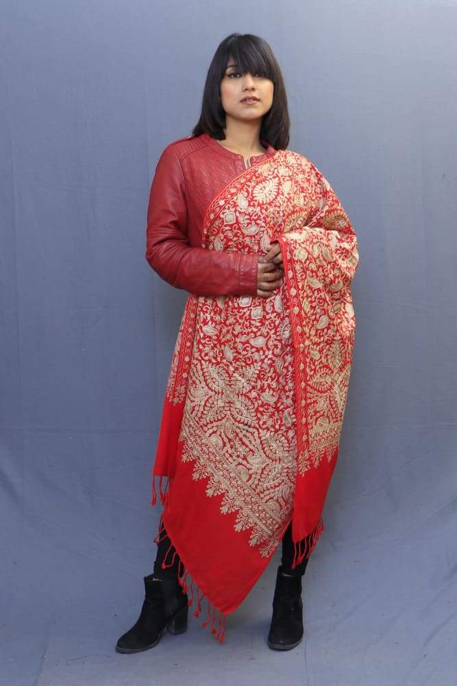 Red Colour Stole With Kashmiri Embroidery Compliments