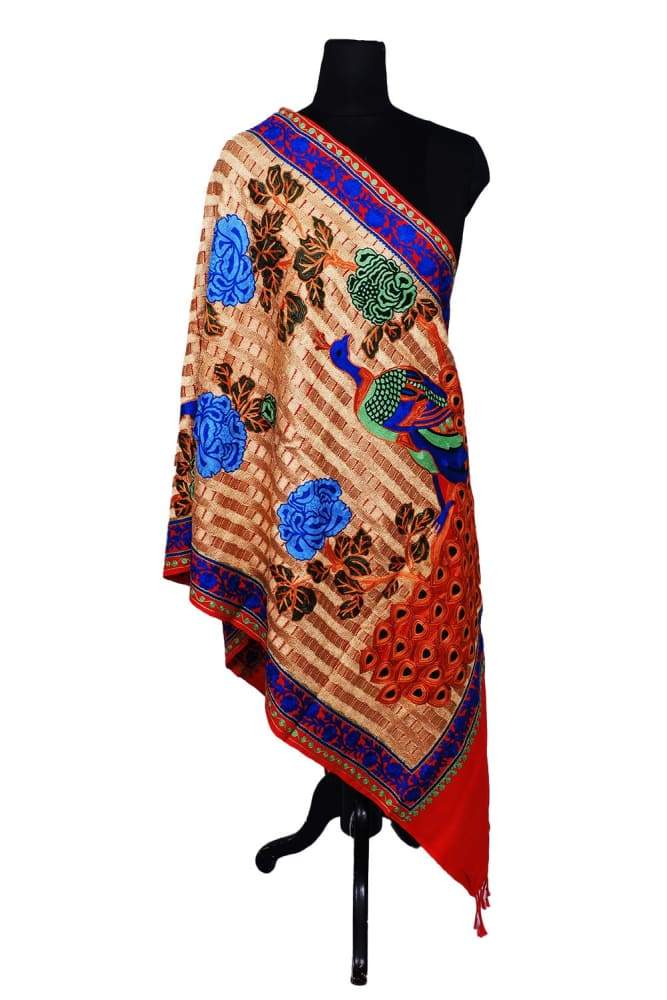 Red Colour Stole With Kashmiri Peacock Embroidery