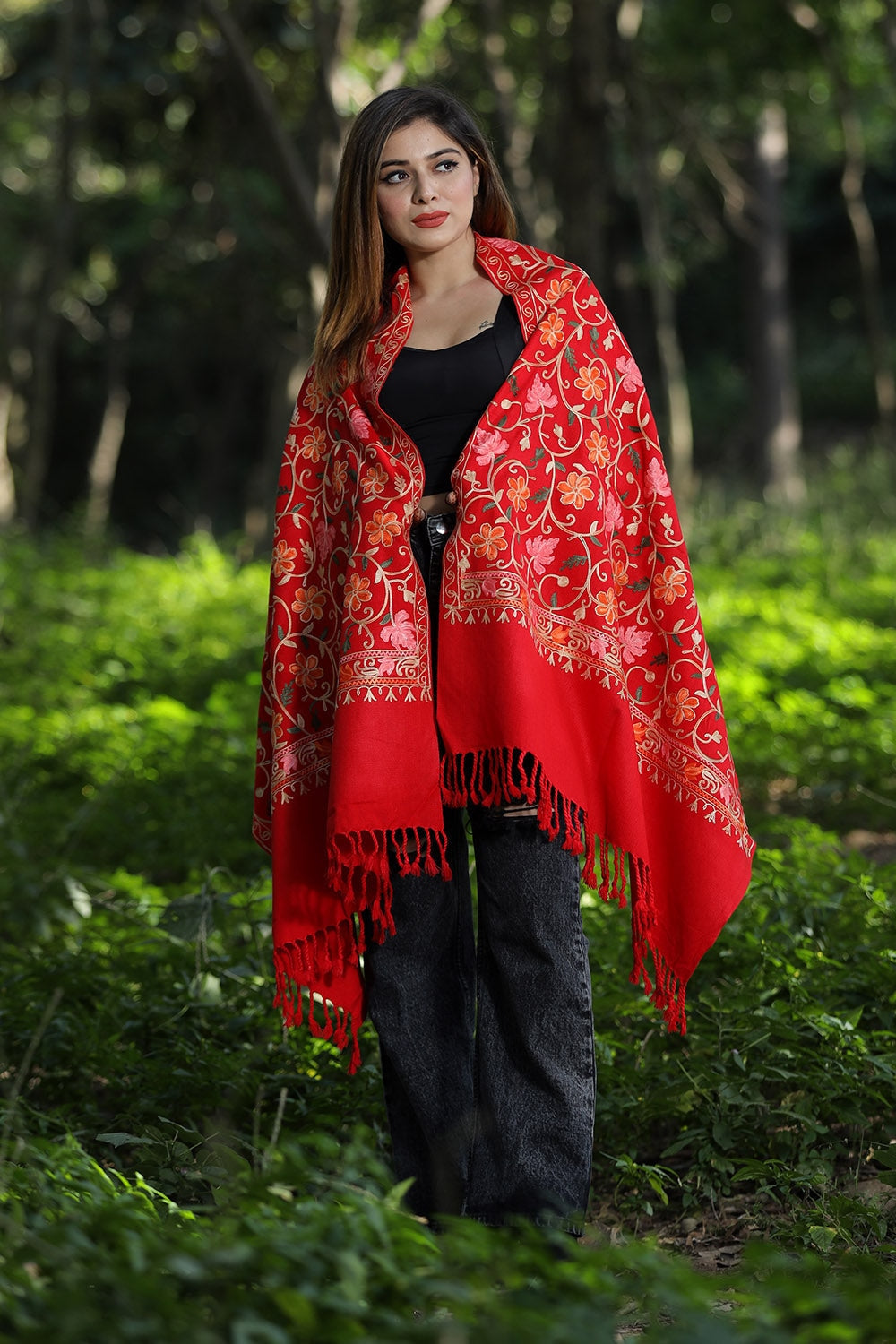 Red Colour Wolen Base With Rich All Over Kashmiri Jaal