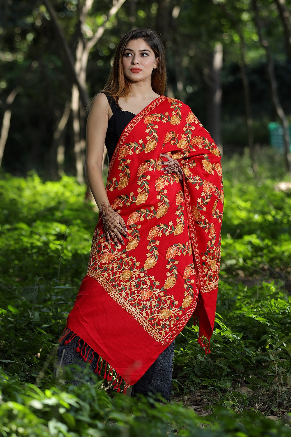 Red Colour Wolen Base With Rich All Over Kashmiri Jaal
