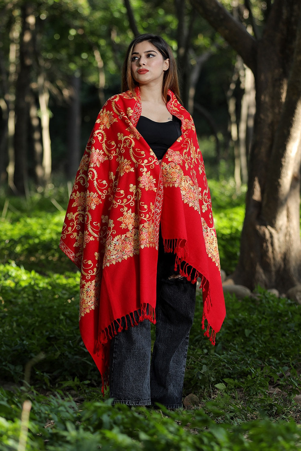 Red Colour Wolen Base With Rich All Over Kashmiri Jaal